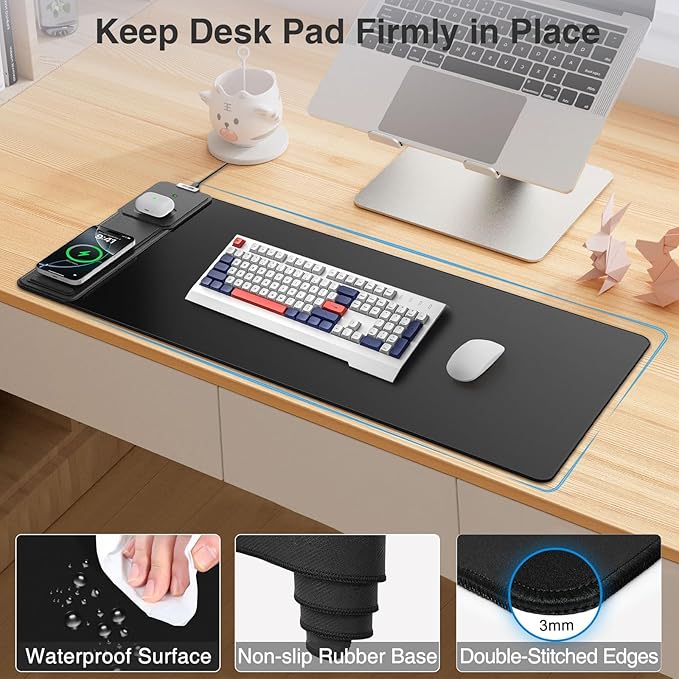 Wireless Charging Mouse Pad with Foldable Phone Holder, 31.5"x15.8", Black | Large Desk Mat for Laptop/Keyboard, Waterproof Ultra-Smooth Surface, Non-Slip Base - Image 6