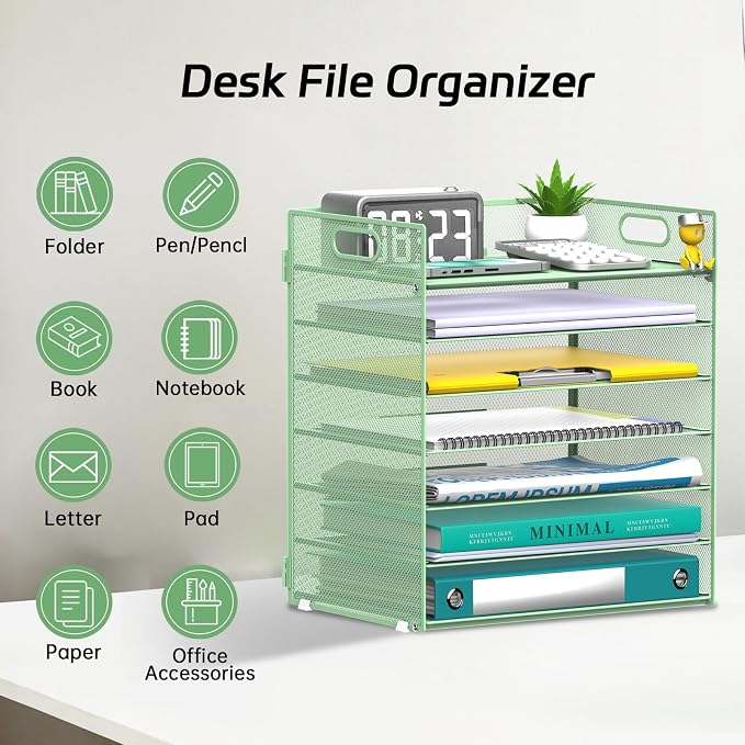 7 Tier Paper Organizer for Desk with Letter Trays & Handle Mint Green | Black Desk File Organizer with Handle for Sorting Papers, Files, Folders, Mail, Bills and Office Supplies - Image 3