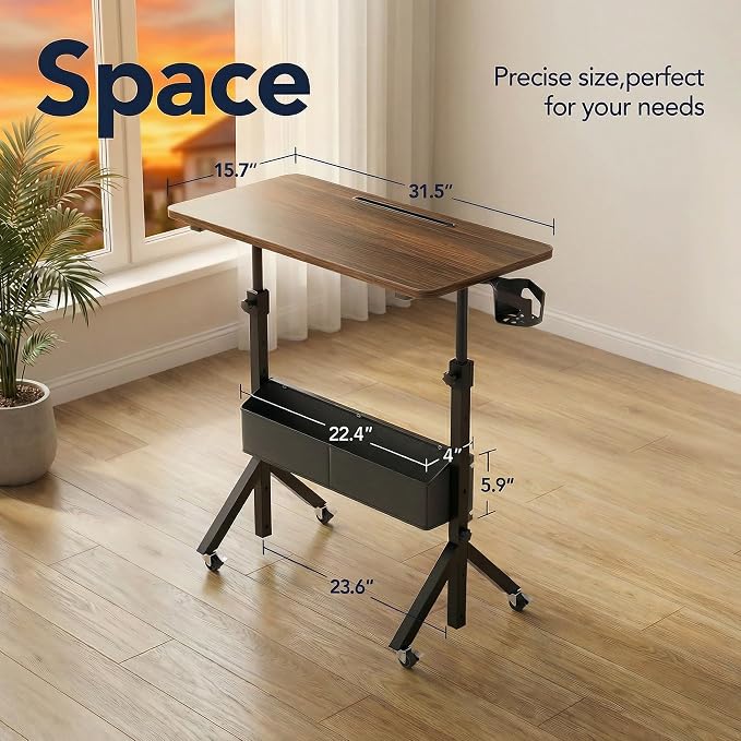 HUANUO Mobile Standing Desk with Wheels and Storage Basket, Height Adjustable 28.7"-46.1" Rolling Desk for Walking Pad, Small Space Laptop Computer Workstation for Home Office - Image 2