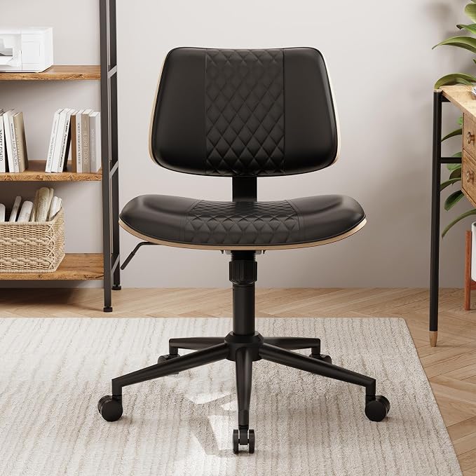Modern Armless Office Chair with Wheels, Wide Seat Walnut, Black | Adjustable Swivel Desk Chair with Mid Back & Tilt Function, Faux PU Leather Mid Century Modern Task Office Chair, 300LBS Cap - Image 8