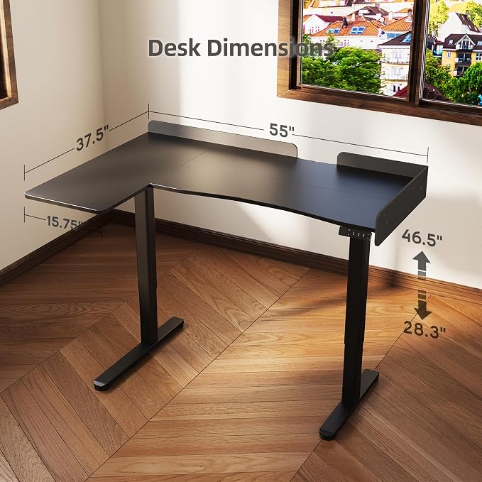 Claiks L Shaped Standing Desk, 55 Inch Electric Height Adjustable Desk with Splice Board Corner Workstation for Home Office, Black - Image 3