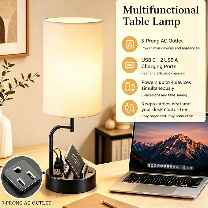 Dreamholder 2 Pack Table Lamp, Bedside Lamp with 3 USB Charging Ports & AC Outlet, USB Desk Lamp with 2 Phone Holders, Linen Fabric Shade Nightstand Lamps for Bedroom Living Room Office, Black - Image 3