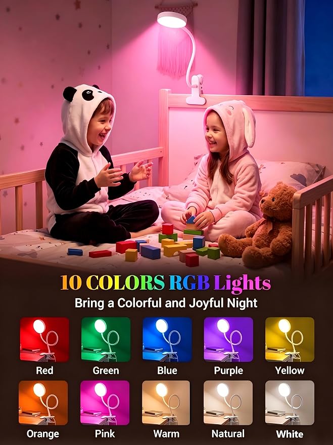 Clip on Lamp,10 RGB Colors+10 Brightness Bright Desk Lamp with Clamp Light | 500 Lumen Eye Care 72 LED Desk Light with USB Adapter,Clip on Reading Light for Bed/Headboard/Bedside Table/Bedroom/Dorm Lamp - Image 3
