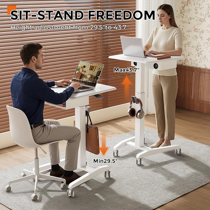 JOY worker Mobile Standing Desk with Drawer, 23.6" Small White Laptop Desk | Pneumatic Height Adjustable, Open Storage Shelf, 4 Lockable Wheels, Portable Sit Stand Desk, Home Office Teacher, Holds 22lbs - Image 3