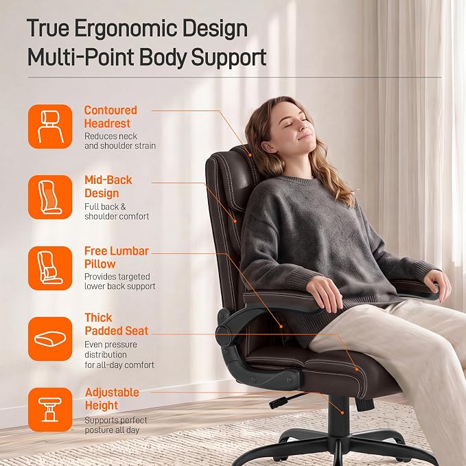 Office Chair, Executive Mid-Back Computer Desk Chair with Flip-up Armrests | 300 Lbs Ergonomic Leather Swivel PC Chair with Rock Function for Working Studying (Coffee) - Image 5