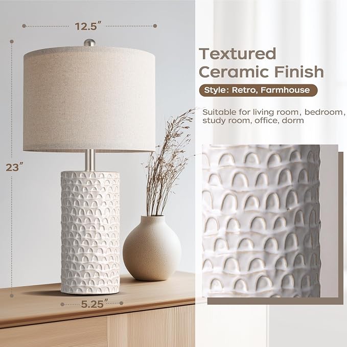 23" Modern Ceramic Table Lamp Set of 2, Table Lamps for Living Room, Rustic Farmhouse Bedside Lamps Nightstand lamp for Bedroom, White Desk Lamp for End Table Home Decor Beige - Image 3