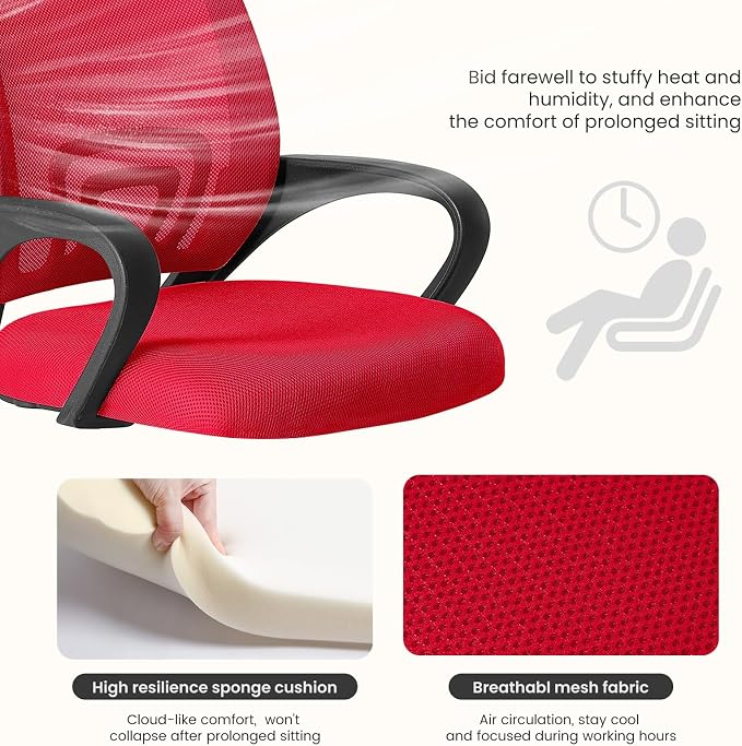DUMOS Ergonomic Office Chair, Mid-Back Executive Desk Chair 2 Pack | Comfortable Lumbar Support, Breathable Backrest, Fixed Armrest, Height Adjustable, 360° Swivel, Computer Gaming, Red - Image 4