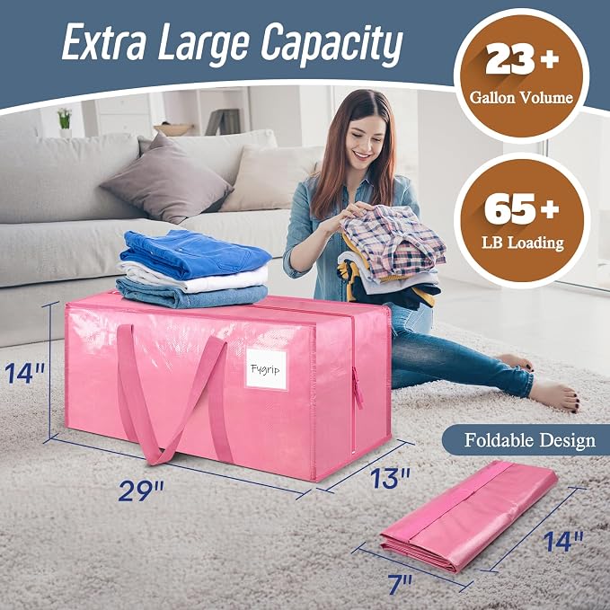 6 Pack Extra Heavy Duty Large Moving Bags with Strong Zipper, Pink | Comfortable Handles, Sturdy & Durable Clothes Storage Bags Totes Bins, Blue Packing Moving Boxes for College Supplies - Image 3