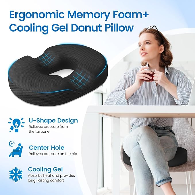 Donut Pillow Seat Cushion, Cooling Gel Memory Foam Chair Cushion, Black | Office, Home & Car Seat Cushion, Butt Pillow for Tailbone Pain Relief, Hemorrhoids and Everyday Sitting Comfort - Image 3