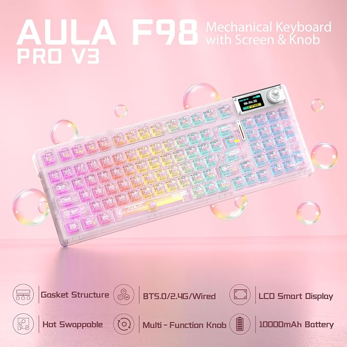 Aula F98Pro V3 Wireless Mechanical Gaming Clear Keyboard with Screen & Knob | Triple-Mode Hot Swappable, Gasket Mount Linear Switches, Clear Keycaps RGB Backlit, TFT Screen 10000mAh Battery for PC/Office - Image 2