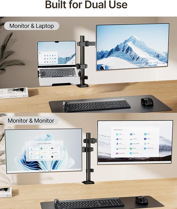 monTEK Monitor and Laptop Stand for 32" Screen and 17" Laptop | 2-in-1 desk mount holds 22 lbs, with height adjustment, tilt, swivel, clamp/grommet bases and VESA 75/100 - Image 3