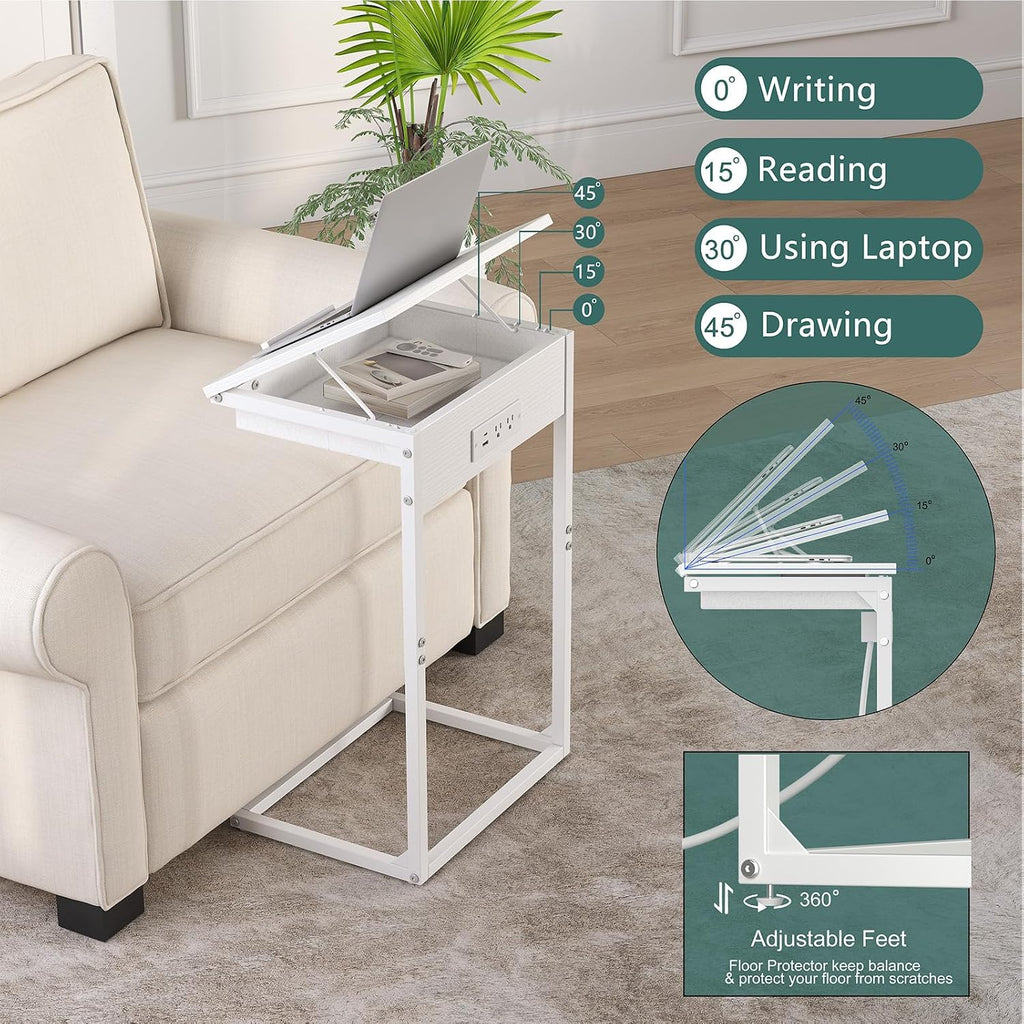 C Shaped End Table with Charging Station, 45° Tiltable Adjustable Flip Top Side Table with Storage,Small C Table for Small Spaces,Slide Under Couch Sofa Bedside Table for Living Room,White - Image 4