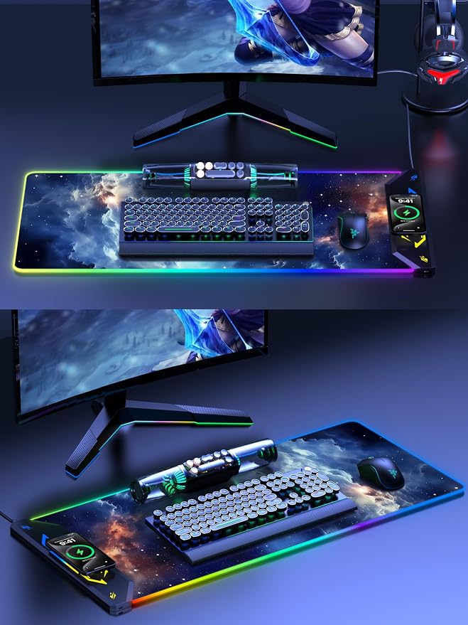 TopMade Wireless Charging Mouse Pad, RGB Gaming Mousepad, 35.4" x 15.8" Extra Large Waterproof Keyboard Desk Pad, Computer Desk Mat, Blue Nebula (Includes 20W PD Power Adapter & 6.56ft Woven Cable) - Image 8