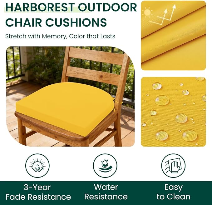 HARBOREST Outdoor Chair Cushions Set of 2, Water Resistant Patio Chair Cushions with Ties, Outdoor Seat Cushions for Patio Furniture, 17"x16"x2", Yellow - Image 2