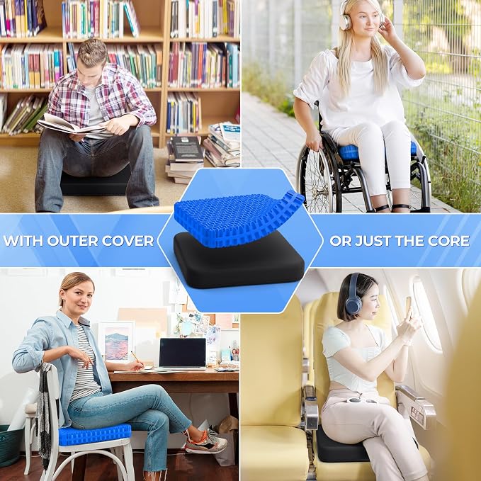 TushGuard Gel Seat Cushion for Long Sitting, Breathable Thick Patent Design | Enlarged Cooling Chair Pad for Office Chair, Wheelchair, Desk Chair, Supportive Car Cushion (Standard, Black+Blue) - Image 7