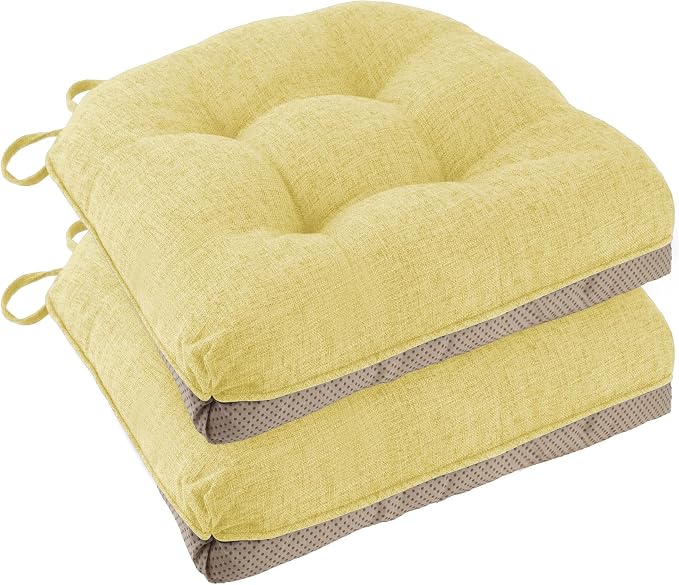 Chair Cushions for Dining Chairs Set of 2, 18"x18"x3", Yellow | Non-Slip with Ties, Tufted, Faux Linen, Seat Cushions for Dining Room Kitchen Breakfast Nook Indoor Home Office Living Room by FlyGulls