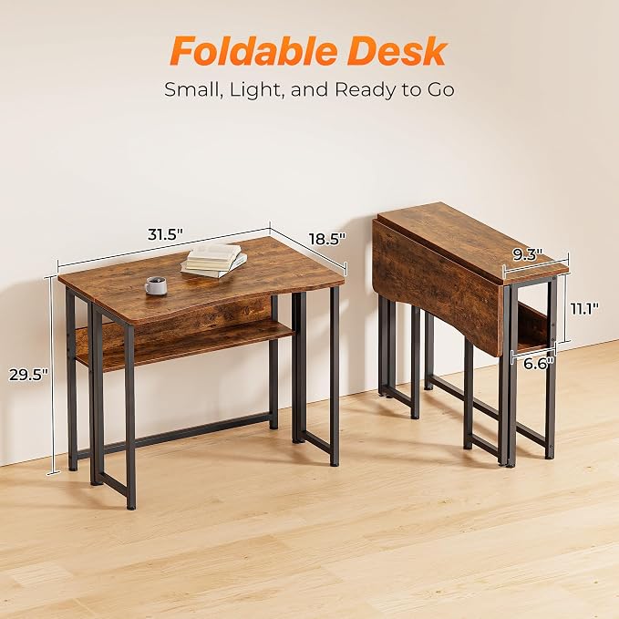 Huuger Folding Desk with Storage Shelf, 31.5 Inch Foldable Computer Table | Writing Work Office Computer Desk for Small Spaces, Space Saving Sofa Table for Couch, Easy to Fold, Rustic Brown - Image 2
