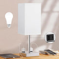 17.4" White Touch Table Lamp for Bedroom - Dimmable, USB C+A, 2 AC Outlets | 3-Way Dimming, 3000K Bulb Included, Square White Lampshade and Silver Base, Desk Lamp for Nightstand, Living Room, Dorm by Aooshine