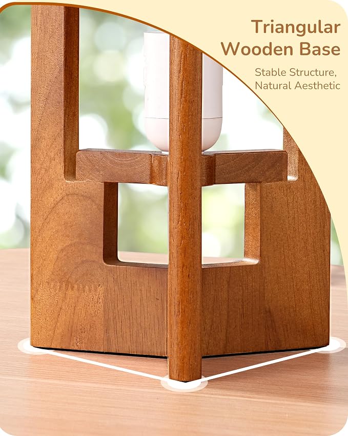 EDISHINE 13.5" Small Table Lamp, Walnut Wood Cylinder Nightstand Lamp, E26 | Beige Linen Shade, On-Off Line Switch, Three-Sided Base, Corner Modern Bedside Lamp for Living Room, Bedroom - Image 2