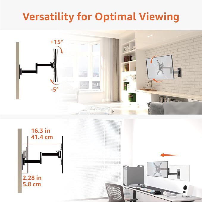 Amazon Basics Full Motion Articulating TV Wall Mount with Tilt Swivel, Extends 16 inches, VESA 200x200, for 12" to 40" TVs, 40 lbs, Black - Image 4