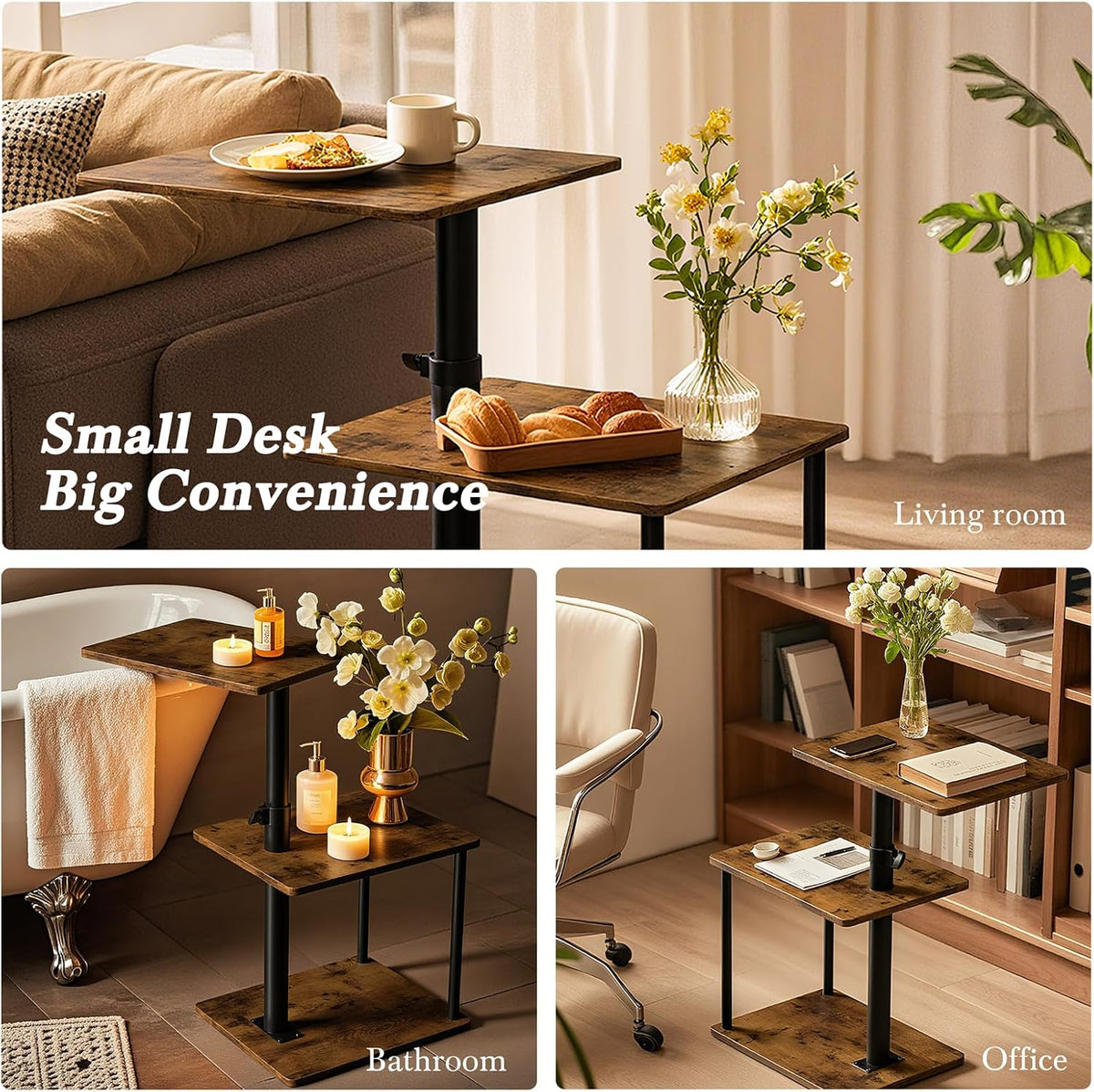 360° Swivel Side Table for Height Adjustable, C Shaped End Table for Couch with Storage, 3-Tier Night Stand with Open Shelf, Tv Tray for Small Spaces, Living Room, Bedroom, Rustic Brown - Image 5
