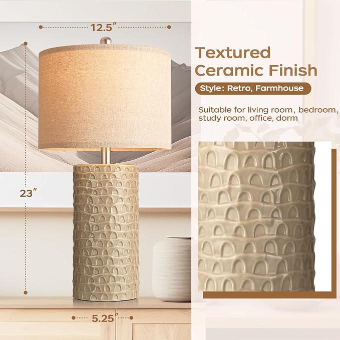 23" Modern Ceramic Table Lamp Set of 2, Table Lamps for Living Room, Rustic Farmhouse Bedside Lamps Nightstand lamp for Bedroom, Desk Lamp for End Table Home Decor Beige - Image 3