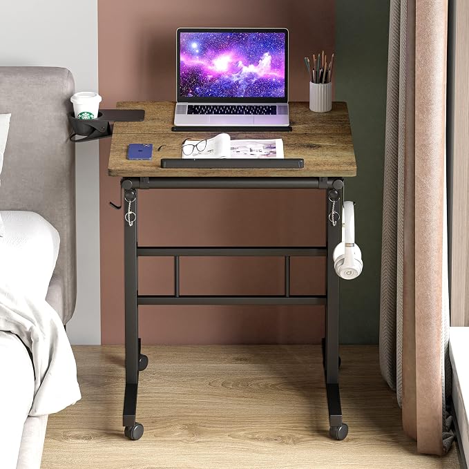 Klvied Small Standing Desk with Cup Holder, Height Adjustable Mobile Laptop Stand on Wheels, Ergonomic Rolling Computer Workstation for Home Office, Portable Overbed Table for Couch & Bed, Oak - Image 2
