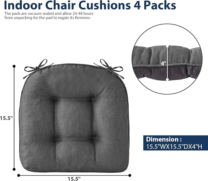IASEAHK Chair Cushions for Dining Chairs, Seat Cushions for Kitchen Chairs, Indoor Seat Cushions with Ties, Tufted Foam Chair Pads, Non Slip Chair Cushions Set of 4, 15.5" x 15.5" x 4", Dark Grey - Image 2