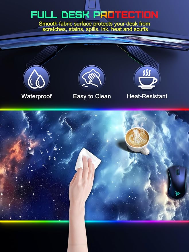 TopMade Wireless Charging Mouse Pad, RGB Gaming Mousepad, 35.4" x 15.8" Extra Large Waterproof Keyboard Desk Pad, Computer Desk Mat, Blue Nebula (Includes 20W PD Power Adapter & 6.56ft Woven Cable) - Image 7