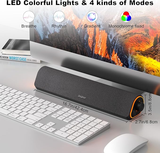 SOULION Bluetooth Computer Speakers for Desktop Monitor PC USB Powered | USB Powered & 3.5mm, Colorful LED Lights, Switch Button Clear & Rich Sound, Breathable Cloth,Surround Soundbar - Image 5