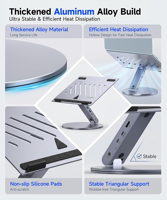YICOSUN Laptop Stand for Desk, 360° Rotating & Height Adjustable Ergonomic Computer Riser with Aluminum Cooling Vents for 10-16 inch MacBook, Dell, Lenovo (Grey, USB-C Docking Station) - Image 9