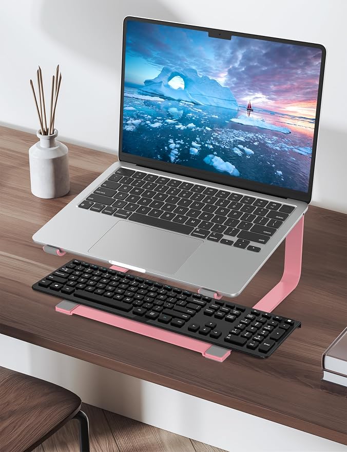 SOUNDANCE Laptop Stand for Desk, Ergonomic Metal Computer Riser for 12-17.3 Inch Laptops, Heavy Duty Stable Desktop Holder, Improves Eye Level & Workspace Organization, Pink - Image 6
