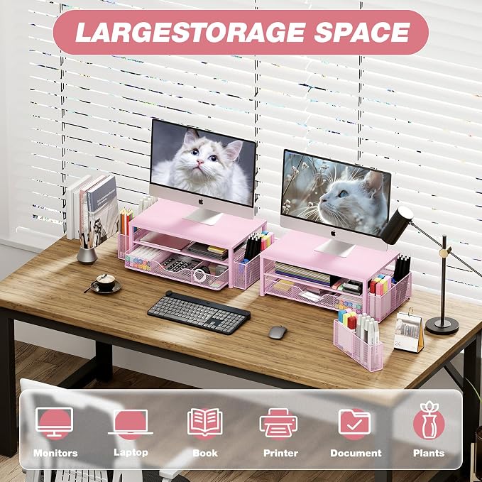 Desk Organizer and Accessories, 2-Tier Computer Monitor Stand Riser with Drawer and 2 Pen Holders, Laptop Stand, Office Desk Accessories for Office Supplies, 1 Pack, Pink - Image 4