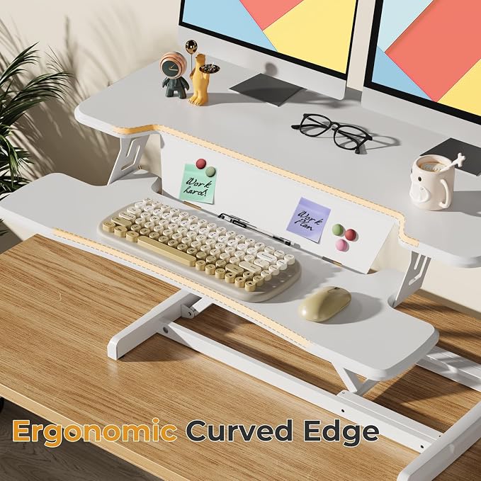 JOY worker Standing Desk Converter, 35" Height Adjustable Desk Riser, White | Sit Stand Up Desktop Riser with Keyboard Tray & 6 Fridge Magnets, Converter Workstation for Home Office Dual Computer Laptop - Image 2