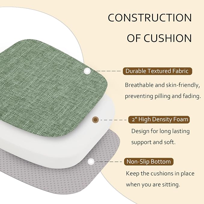 ELFJOY Non-Slip Chair Cushions for Dining Chairs Sage Green 16.7"x16" | 4 Pack, with Ties and Washable Cover, U Shape, Breathable Fabric, for Kitchen Dining Office Folding Chairs，Comfortable - Image 7