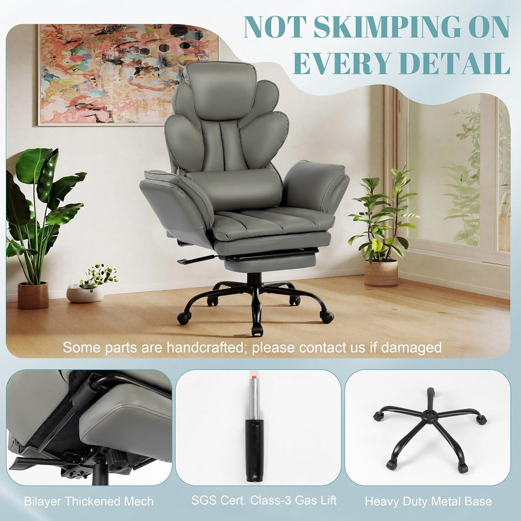 Flip Armrests Criss Cross Office Chair, Reclining Office Chair with Foot Rest, Adjustable Headrest, Massage Waist Pillow, Cross Legged Big and Tall Desk Chair Wide Seat Vanity Chair, Grey PU Leather - Image 9