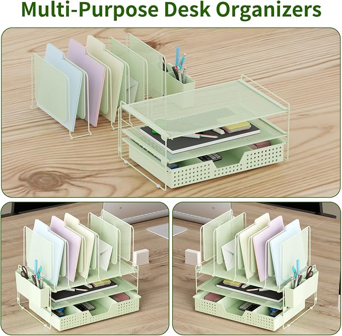 LEKETREE Green Desk Organizer, Office Organization with Vertical File Holder, File Organizer with Drawer and Pen Holder, Desk Accessories and Workspace Organizers for Home Office (Green) - Image 6