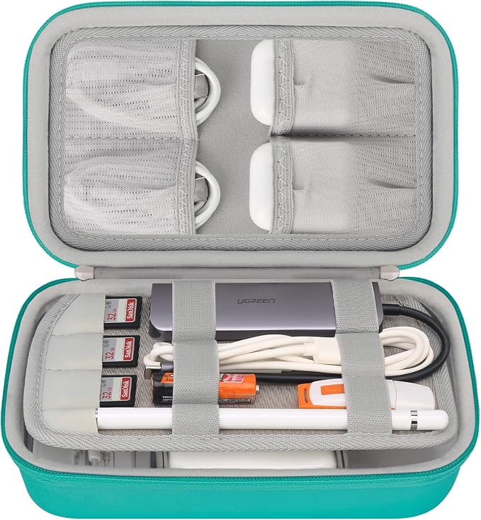 Elonbo Hard Travel Cords Organizer Universal Small Electronic Accessories Carrying Case for Chargers Cables MacBook Adapter Magic Mouse Apple Pencil USB Flash Disk Tech Portable Storage Bag,Turquoise by Elonbo