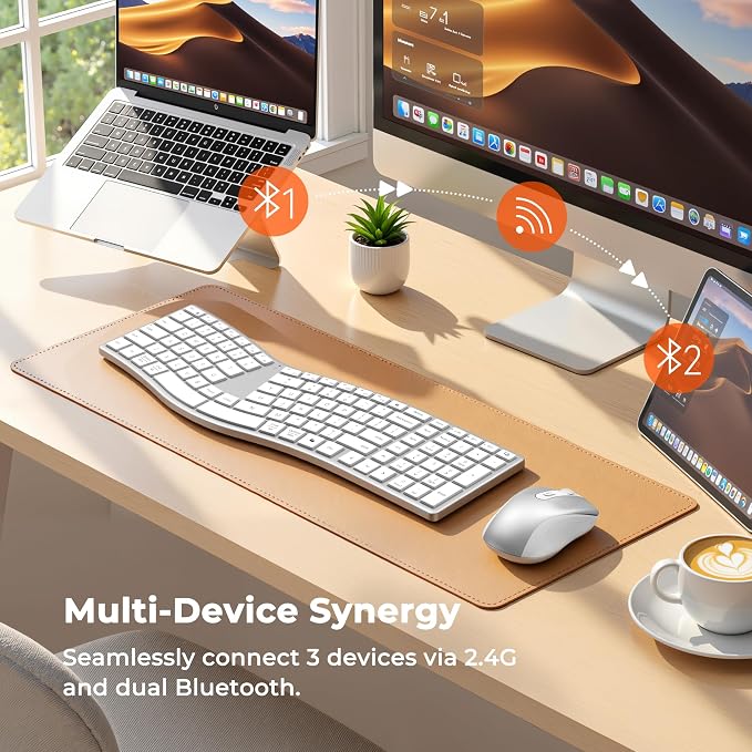 MEETION Wireless Ergonomic Keyboard and Mouse, Split S-Curve Design, White | Dual Bluetooth and 2.4GHz connectivity, low-profile rechargeable keyboard, 4 DPI mouse for Windows, Mac, PC and laptop - Image 4