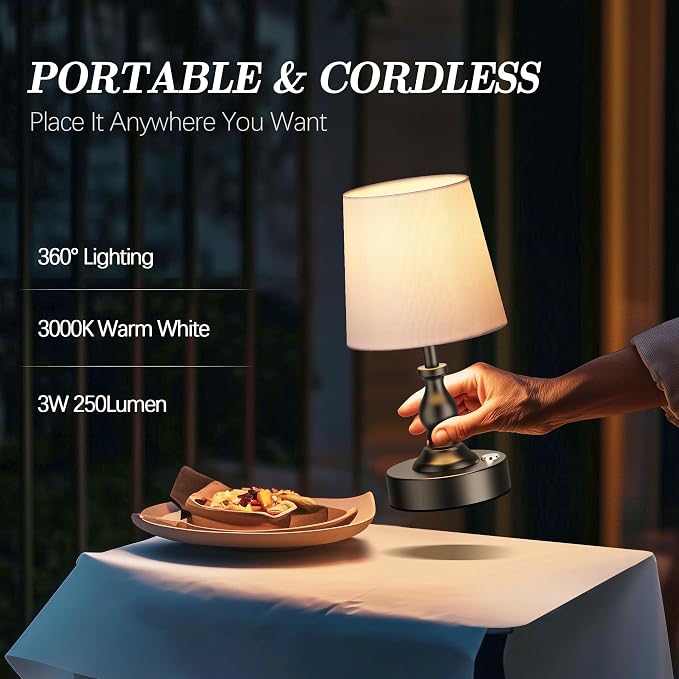 Mini Cordless LED Table Lamp, 5200mAh Rechargeable Battery Operated Lamp, 3-Level Brightness, Touch Dimmable Desk Lamp, Bedside Night Light for Patio Camping Restaurant Home, Matte Black - Image 4