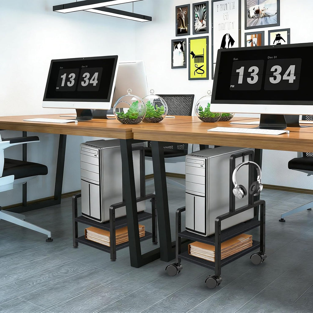 Adjustable 2-Tier PC Stand, Computer Tower Stand with 360° Locking Wheels & Hooks, CPU Cart for Floor, Carpet and Under Desk, 15.2" x 11.8" x 26", Black - Image 7