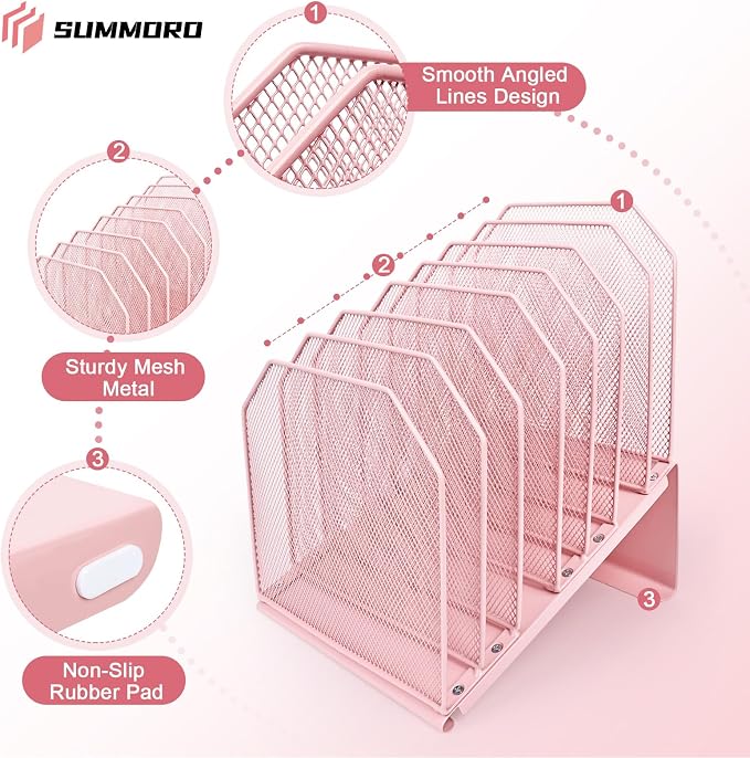 SUMMORO Inclined File Organizer for Desk, 7-Section Vertical File Holder | Office Desk Organizer Metal Rack File Folder, Wire Mesh Desktop Document Sorter, for Office School Classroom Home (Pink) - Image 5
