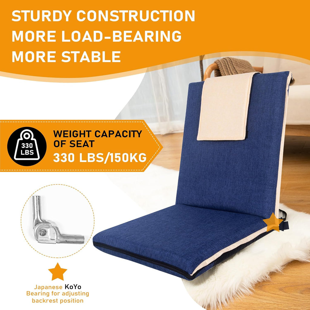 Floor Chair with Back Support Foldable Meditation Seat, Blue - Image 4