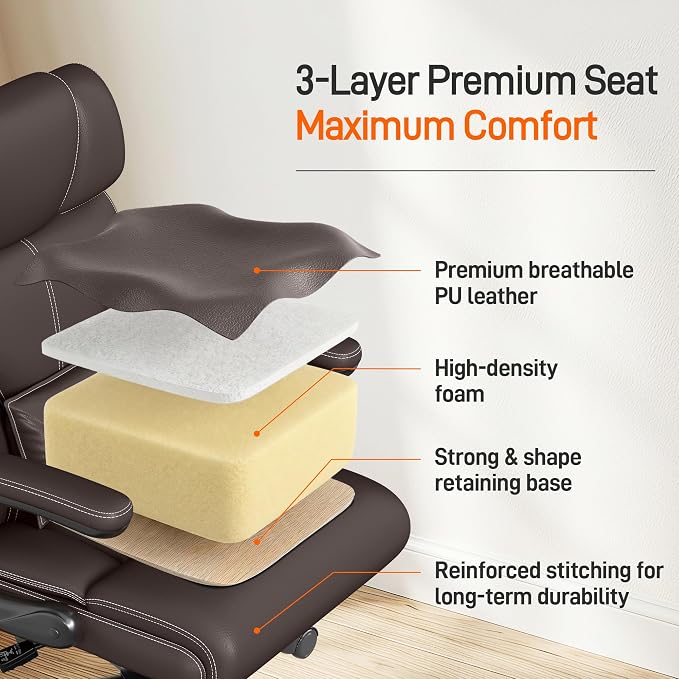 Office Chair, Executive Mid-Back Computer Desk Chair with Flip-up Armrests | 300 Lbs Ergonomic Leather Swivel PC Chair with Rock Function for Working Studying (Coffee) - Image 7