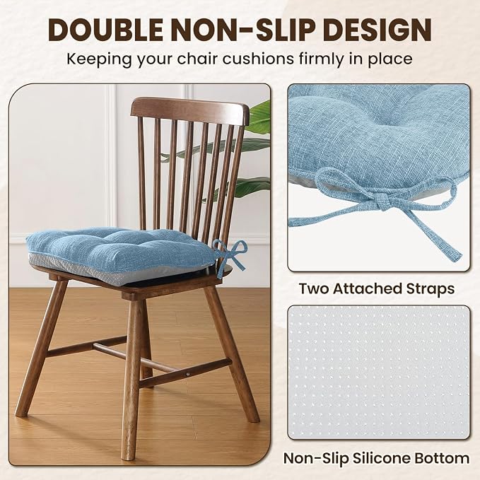 downluxe Indoor Chair Cushions for Dining Chairs, Tufted Overstuffed Textured Kitchen Chair Pads with Ties and Non-Slip Backing, 15.5" x 15.5" x 4", Light Blue, 6 Pack - Image 4
