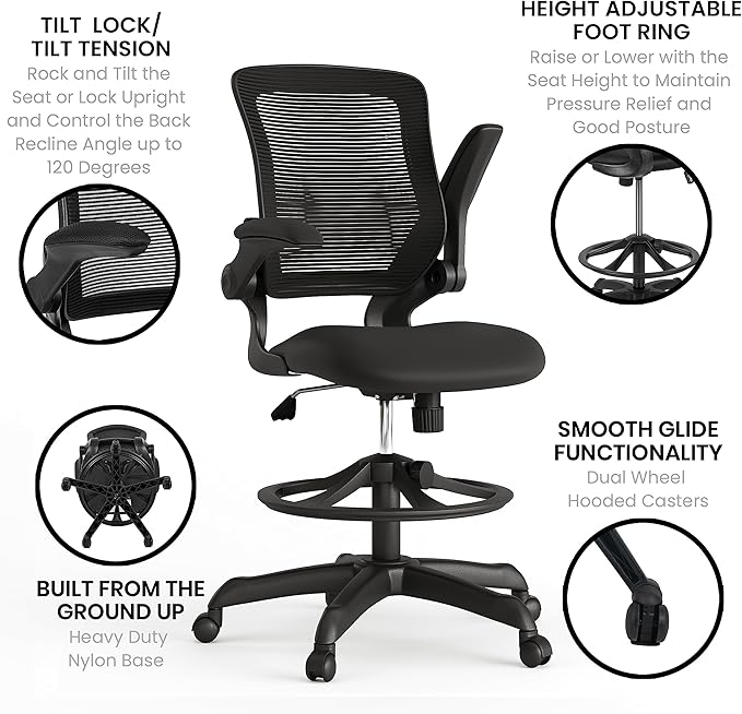 Flash Furniture Kale Mid-Back Swivel Office Chair with Adjustable Foot Ring, Lumbar Support, and Seat Height, Ergonomic Mesh Executive Chair, Black - Image 5