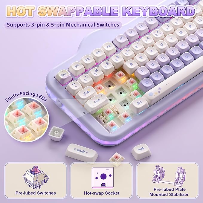 YUNZII C98 Cute Cake Wireless Mechanical Keyboard (Purple, Candy Switch) | 99 Keys with Number Pad, Hot Swap, PBT MOA Keycaps, BT5.0/2.4G/USB-C, Gasket Mount, Custom RGB Backlit for Win/Mac - Image 5