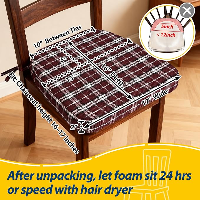 AAAAAcessories D-Shaped Chair Cushions, 2" Thick Dining Chair Pads with Ties and Removable, Machine-Washable Cover, 17" x 16", Set of 2, Red Checkered - Image 2