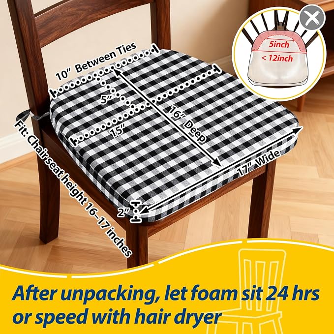 AAAAAcessories D-Shaped Chair Cushions, 2" Thick Dining Chair Pads with Ties and Removable, Machine-Washable Cover, 17" x 16", Set of 2, Checkered Black/White - Image 2