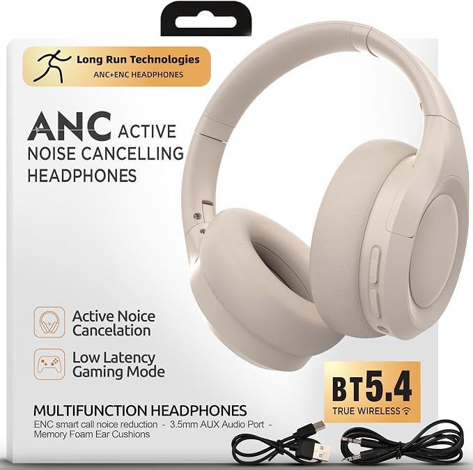ANC Wireless Bluetooth 5.4 Headset, ENC Built-in Mic for Clear Calls, Hi-res, Foldable, Breathable Over Ear Comfort, Low Latency, Lightweight, 3.5 mm Audio Cable, Wired, for Cell Phones, Tablets, PC’s by LongRunTechnologies